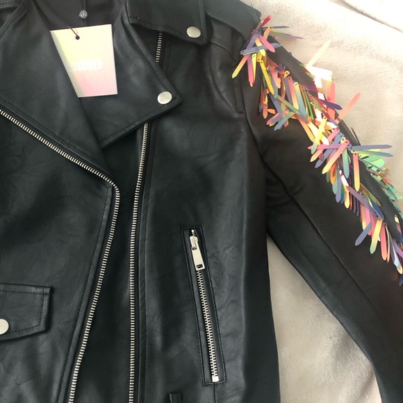 NWT Misguided black sequin sleeve biker jacket sz2 - Picture 5 of 6